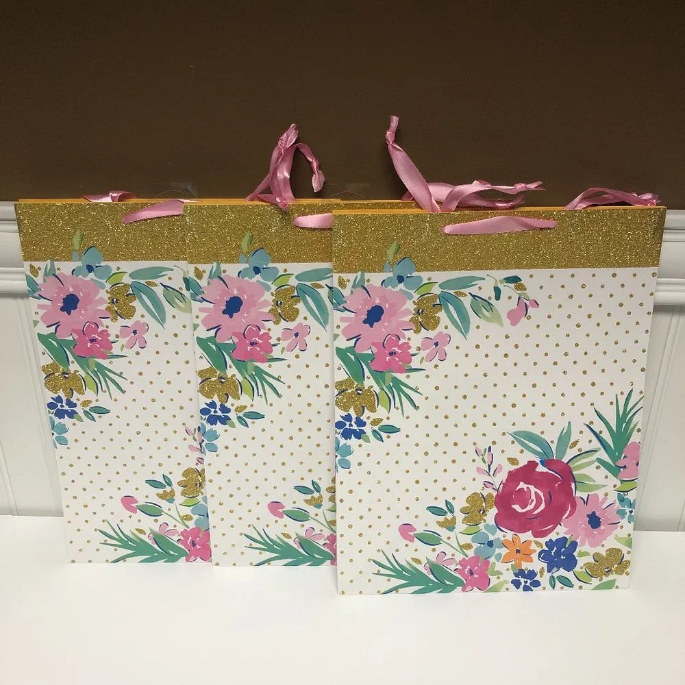Pioneer Woman Gift Bags Floral White Gold American Greetings Party Lot of 3