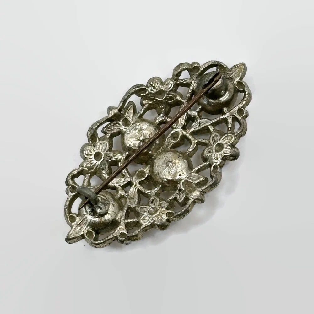 Flower Brooch, Enamel, Floral, Faux Pearls, Peach, Gold, Art Deco, 20s, Vintage