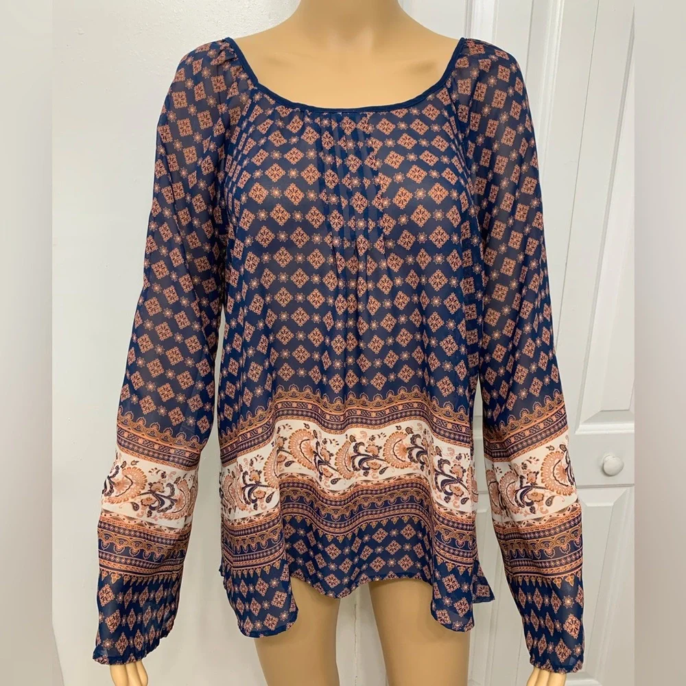 Sweet Journey Paisley Floral Long Sleeve Relaxed Tunic Blouse Women’s top size L