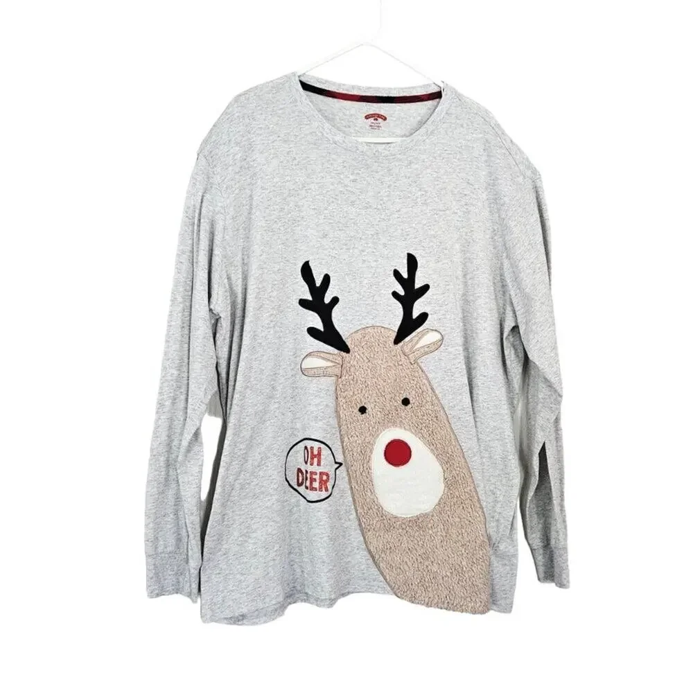 Holiday Time X-Mas 3D Reindeer Fuzzy “Oh Deer” Graphic Gray T-Shirt -2XL