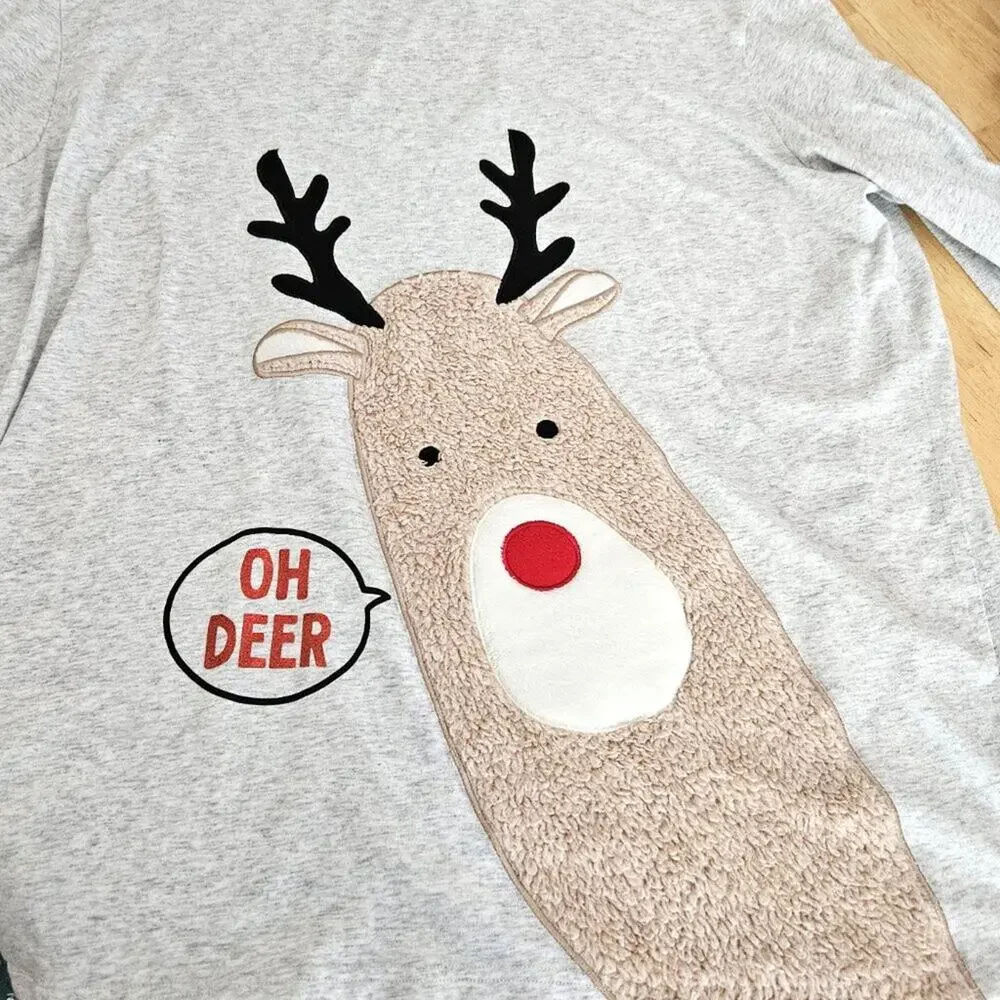 Holiday Time X-Mas 3D Reindeer Fuzzy “Oh Deer” Graphic Gray T-Shirt -2XL