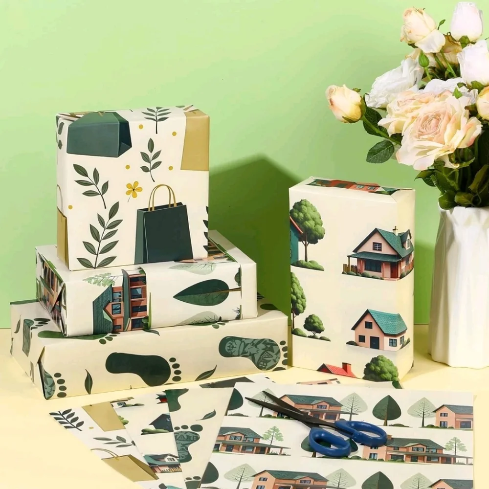 🍎Nwt 12 Sheets Green Living Wrapping Paper Set Footprints Shopping Bags House