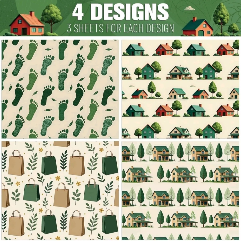 🍎Nwt 12 Sheets Green Living Wrapping Paper Set Footprints Shopping Bags House