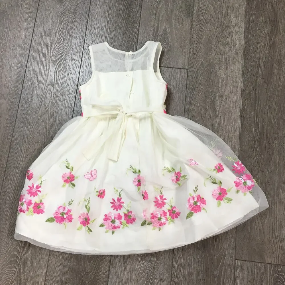 Jona Michelle Dress Girl's Size 6 White/Cream/Pink Floral Embroidery Spring New