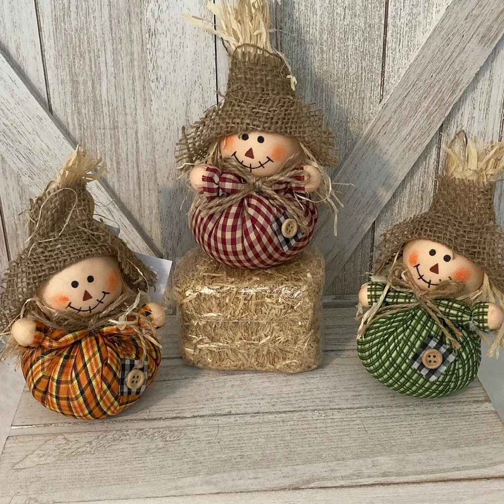 3 Fall Scarecrows and 1 Straw Bale