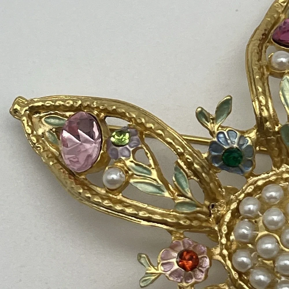 Vintage Rhinestone Pearl Brooch Signed Tiara Misu IV Pastel Flower Gold Toned