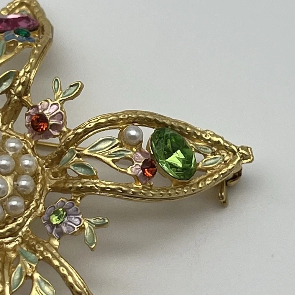 Vintage Rhinestone Pearl Brooch Signed Tiara Misu IV Pastel Flower Gold Toned