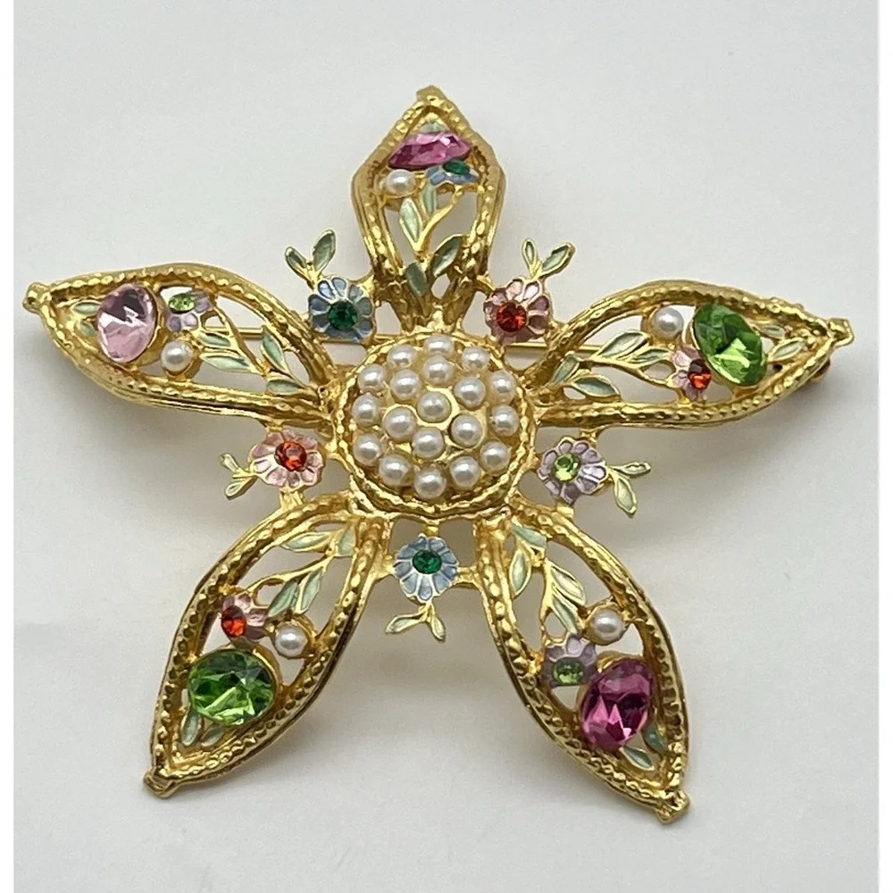 Vintage Rhinestone Pearl Brooch Signed Tiara Misu IV Pastel Flower Gold Toned