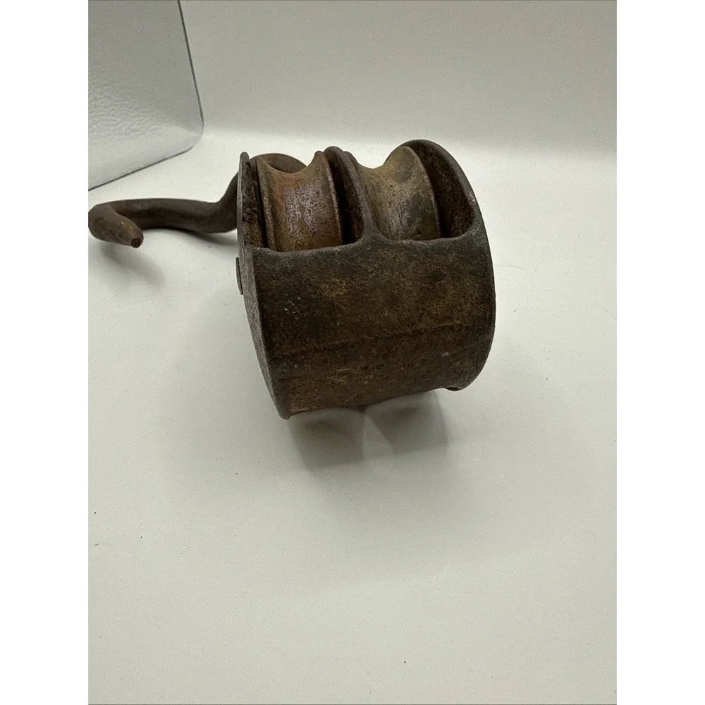 Antique Iron Double Pulley W Large Hook Rustic Farmhouse Decor Authentic