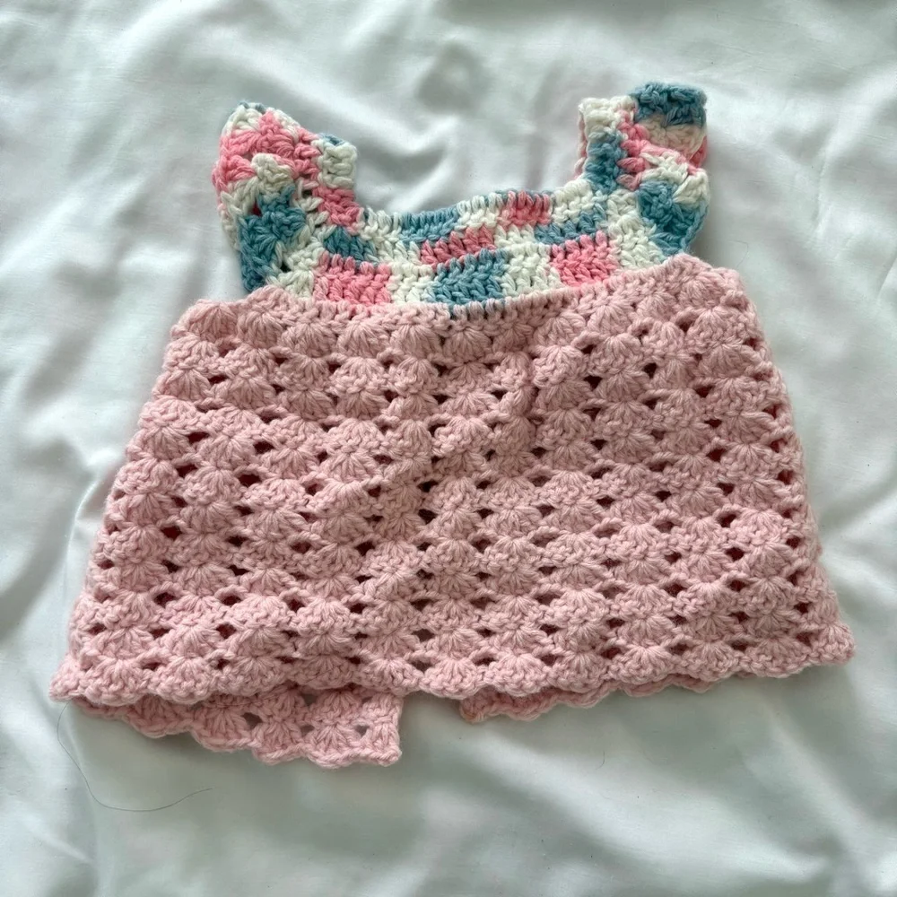 Vintage crochet cardigan sweater cape short sleeve pink girls toddler