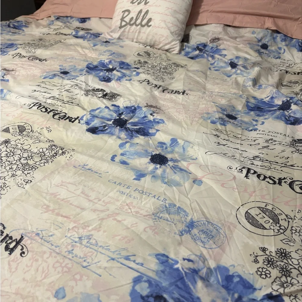 King size comforter with Paris details in pink and blue.