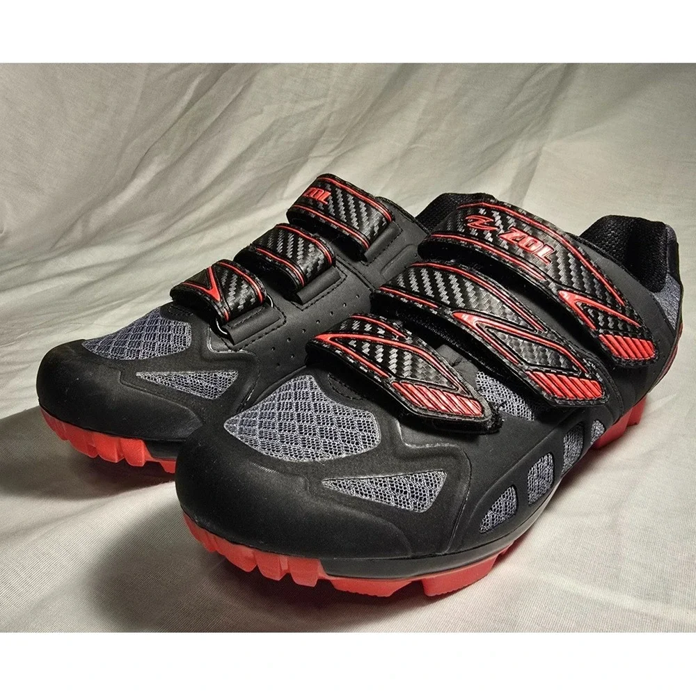 Zol Cycling Cleats Womens 7.5 Black Athletic Bike Shoes Red Logo‎ Hook Loop