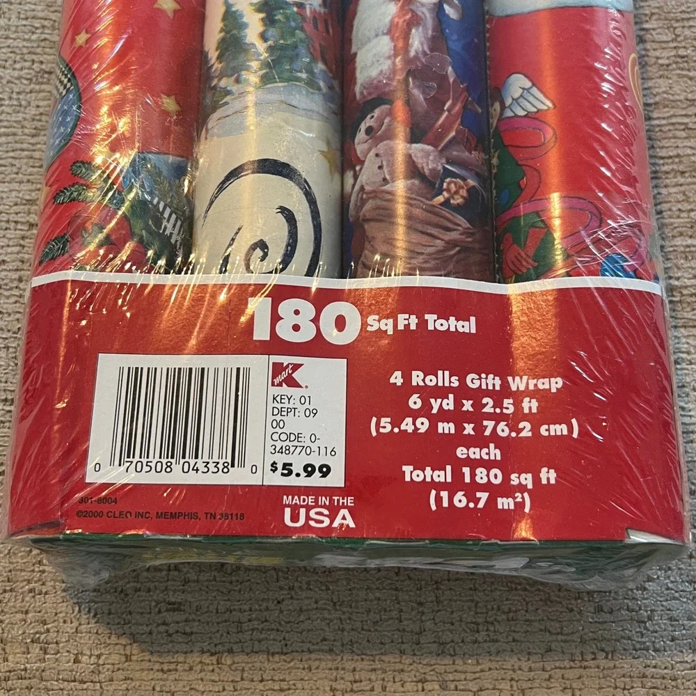 Vintage 2000 Kmart Christmas Gift Wrap 4 Rolls 180 Sq Ft Snowman Santa Cleo USA
