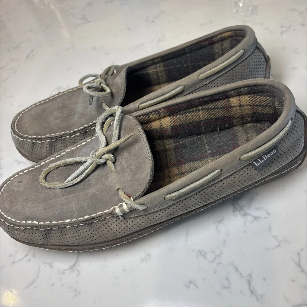 LL Bean Gray Leather SlipOn Flannel Lined Handsewn Slippers Rubber Sole‎ SZ 10M