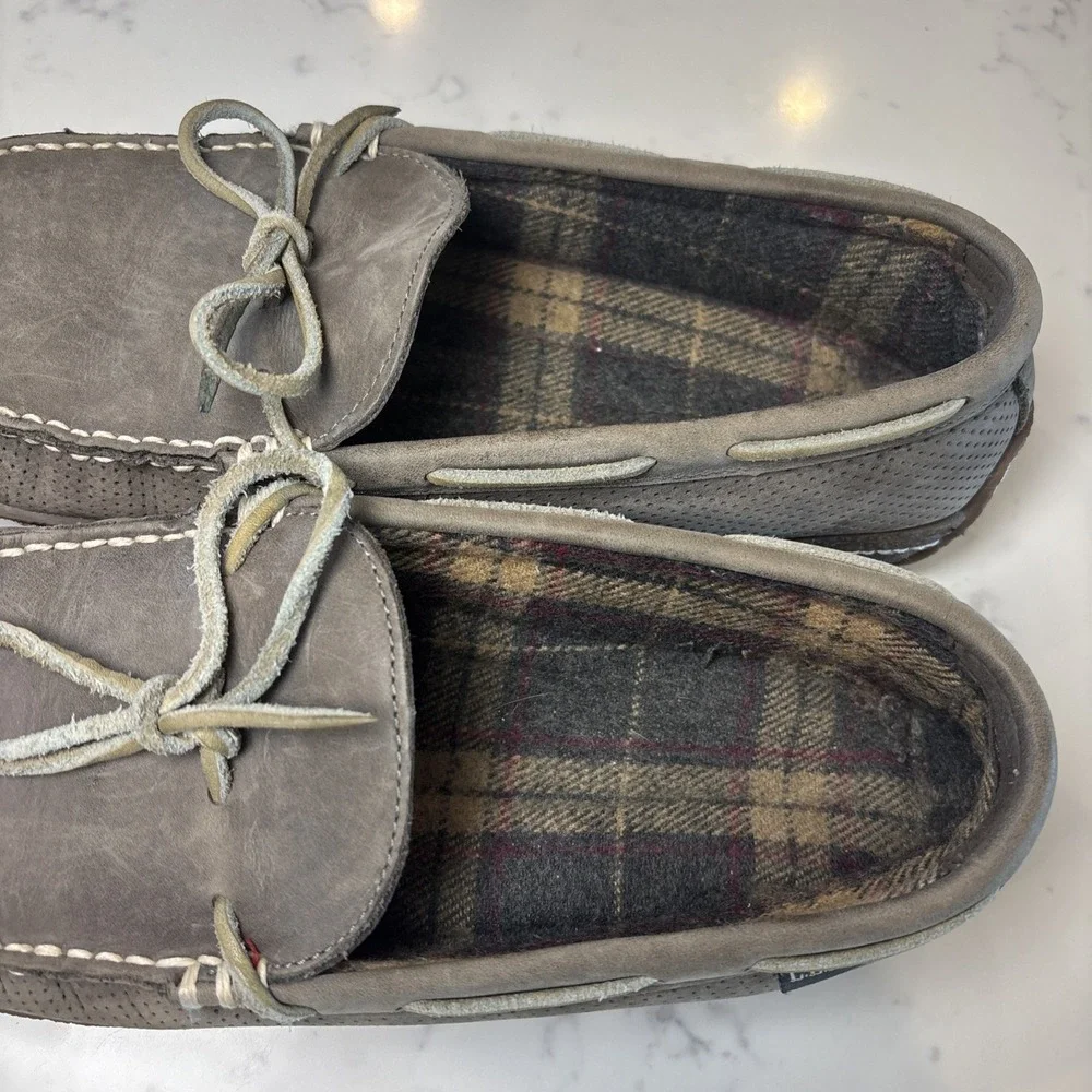 LL Bean Gray Leather SlipOn Flannel Lined Handsewn Slippers Rubber Sole‎ SZ 10M