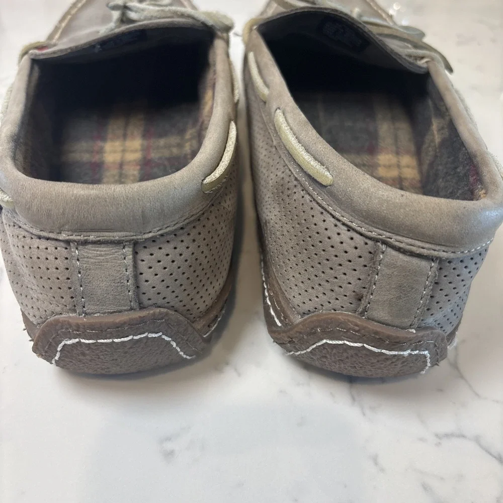 LL Bean Gray Leather SlipOn Flannel Lined Handsewn Slippers Rubber Sole‎ SZ 10M