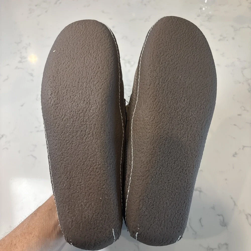 LL Bean Gray Leather SlipOn Flannel Lined Handsewn Slippers Rubber Sole‎ SZ 10M