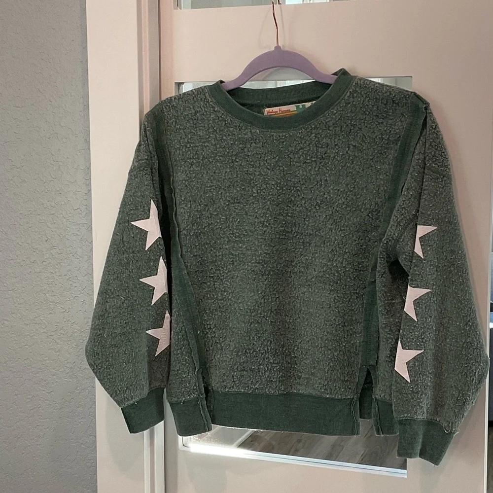 Vintage Havana Girls Green Sweatshirt White Stars Cozy Pullover Size 10