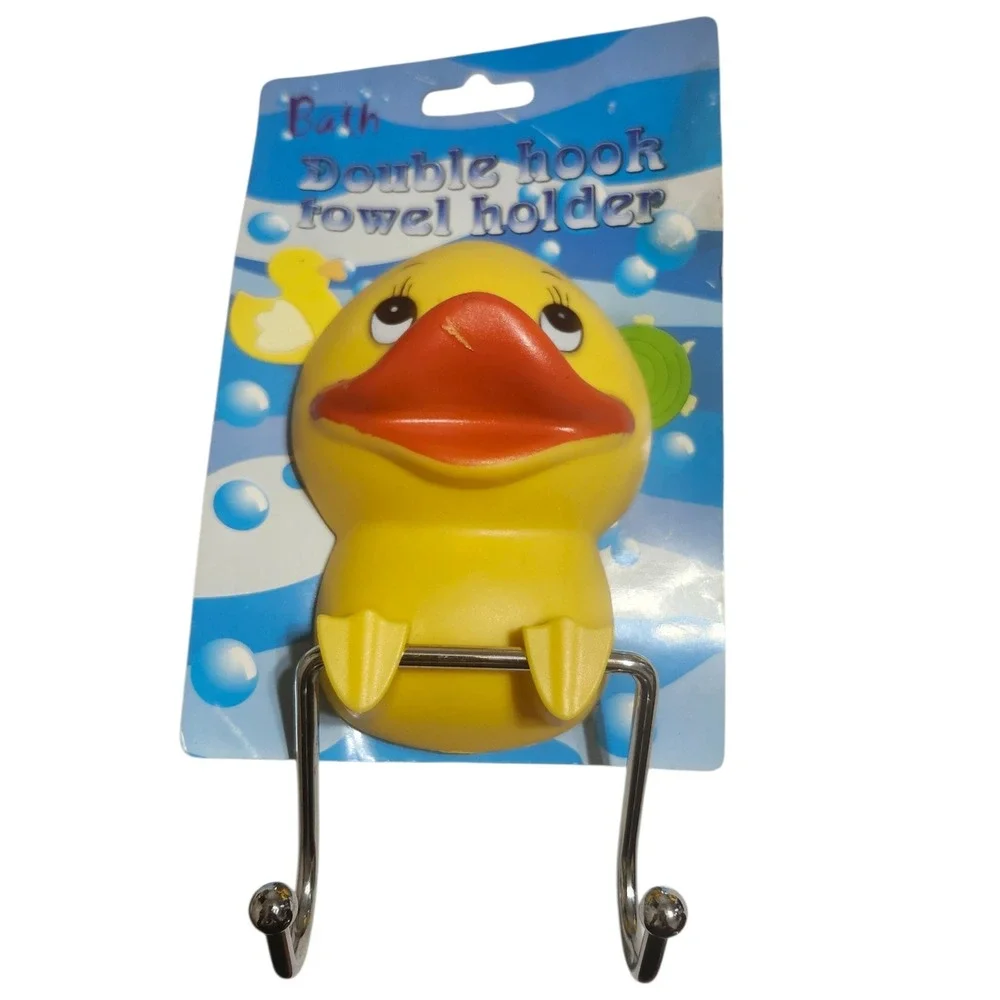 Bath Essentials Yellow Rubber Duck Double Hook Towel Holder Suction Cup BK4162