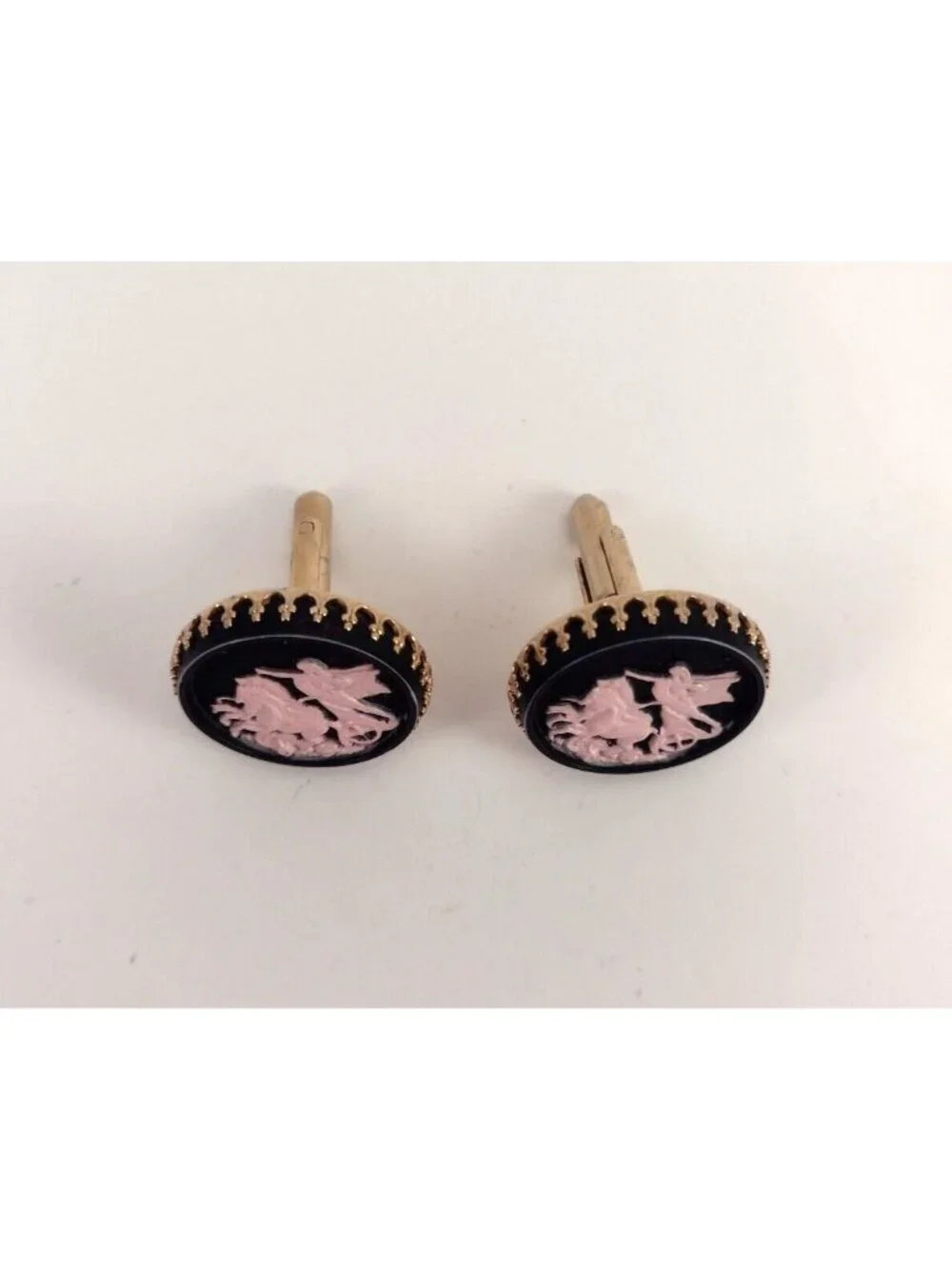Vintage Chariot Cuff Links Black Winged Roman Mens Cufflinks Mid Century Plastic