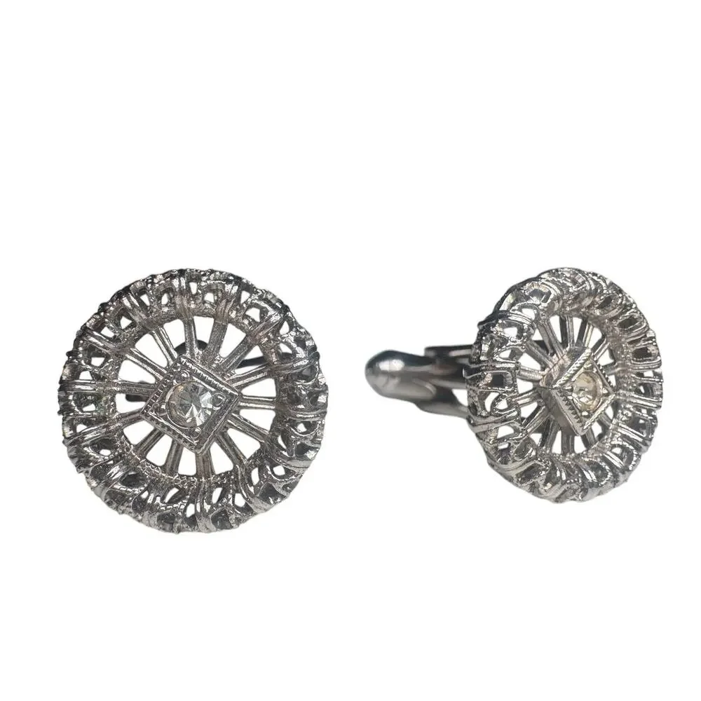 Vintage Silver-Tone Rhinestone Cufflinks – Round Filigree Design