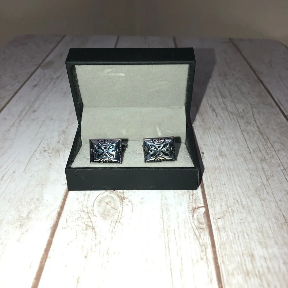 New in Box Rectangle Engraved White Gold Plated Cuff Links
