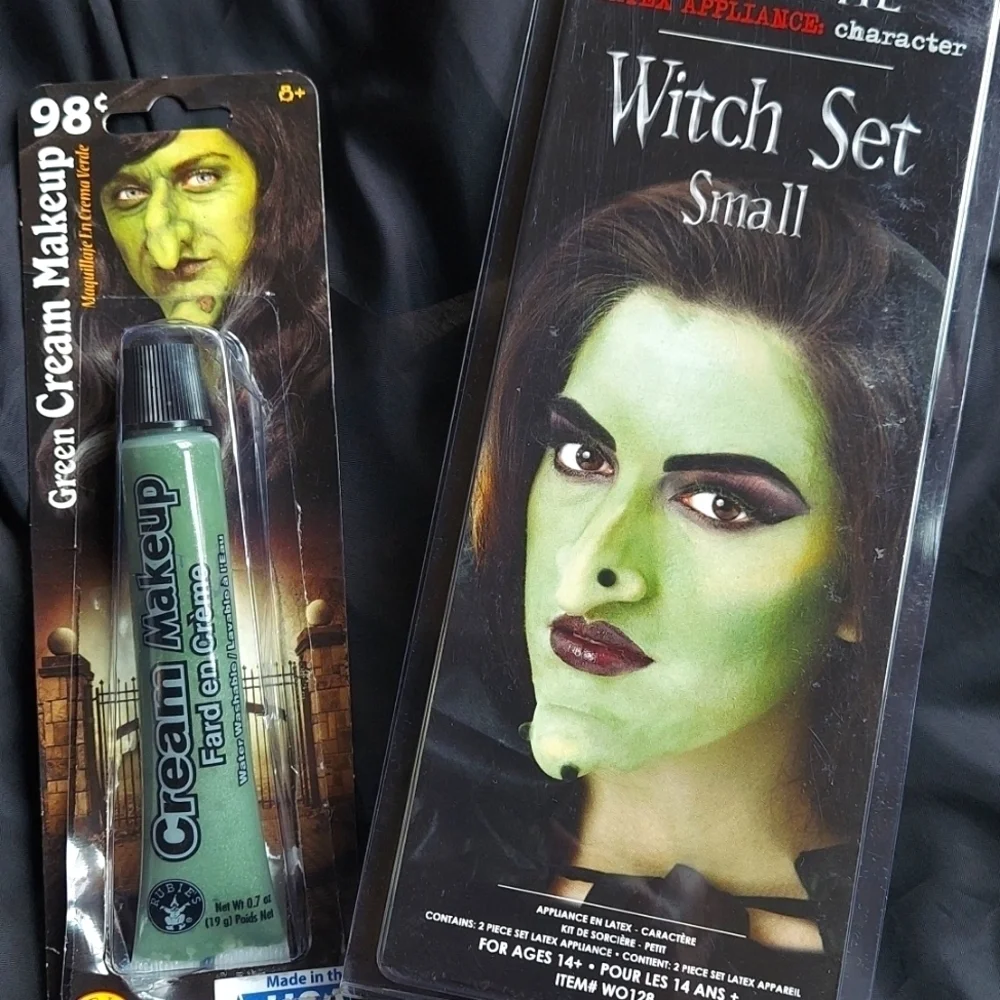 Child Witch Costume With Hat, shoes and latex nose and chin  - Size Med (8-10)