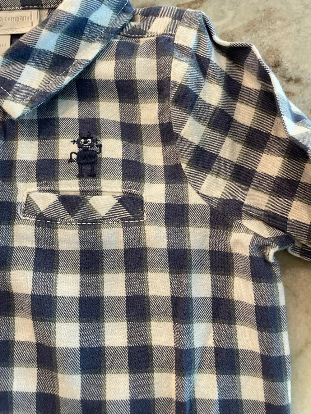 The Little White Company Boys Plaid Button Up Blue Dress Shirt Robots 6-9 Months