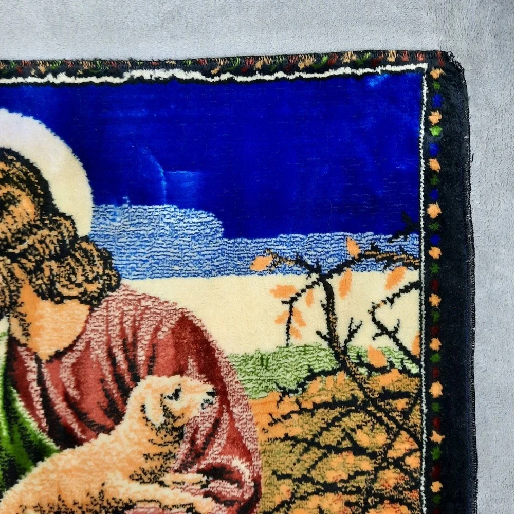 Vintage Jesus The Good Shepherd and Sheep Velvet Tapestry Wall Hanging Religious