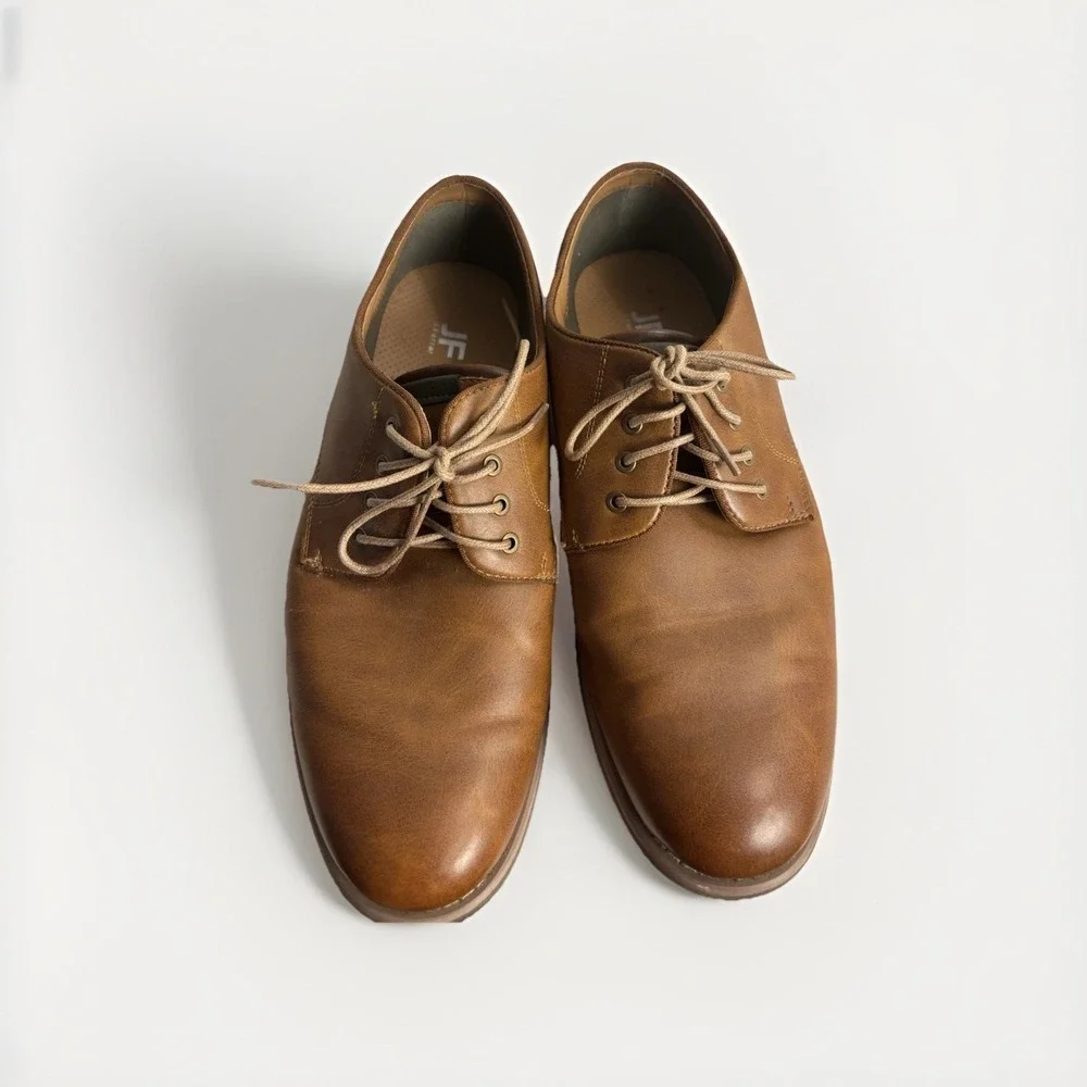 JF J. Ferrar Mens Tan Brown Faux Leather‎ Derby Dress Shoes Plain Toe Lace Up