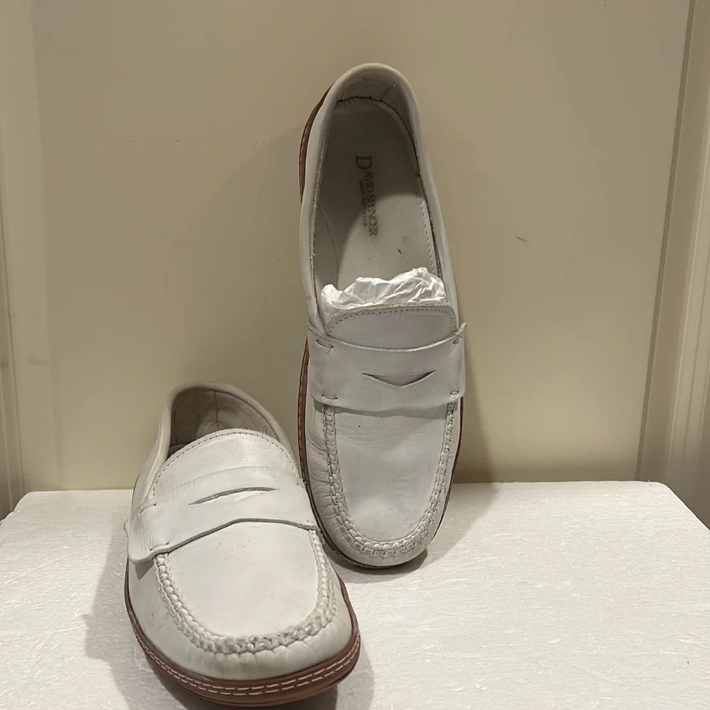David Spencer men leather slip on loafers detail braided stitching size 9 white