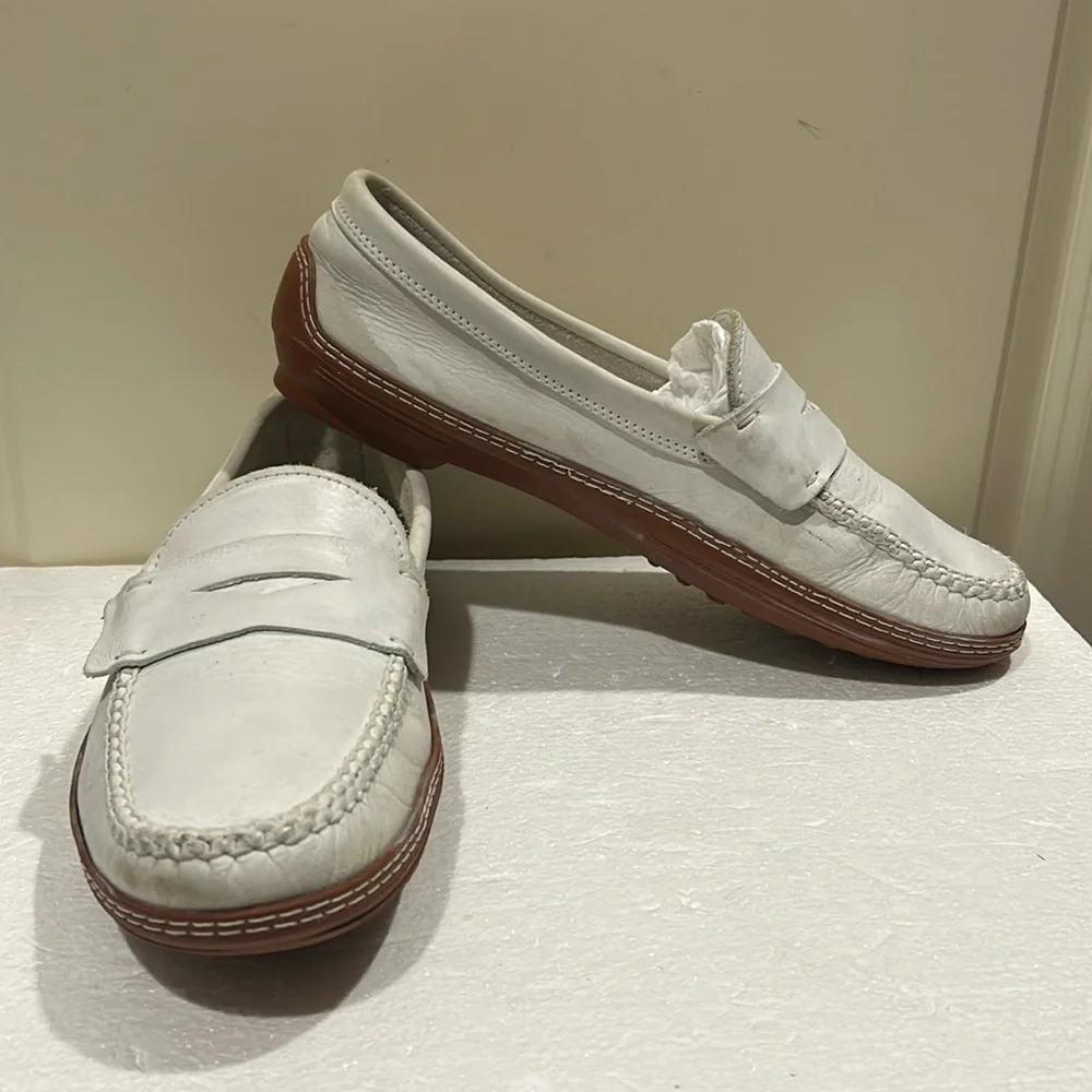 David Spencer men leather slip on loafers detail braided stitching size 9 white
