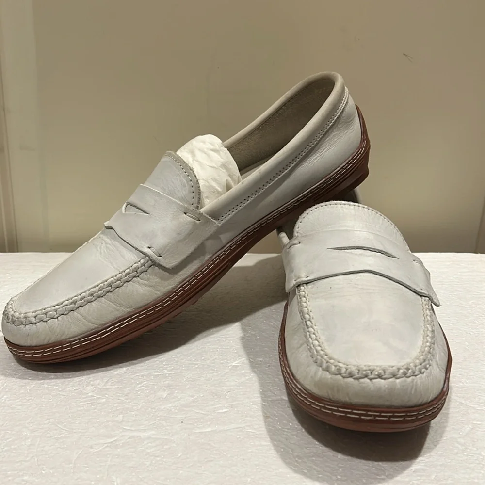 David Spencer men leather slip on loafers detail braided stitching size 9 white
