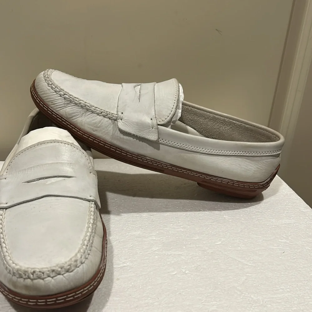 David Spencer men leather slip on loafers detail braided stitching size 9 white