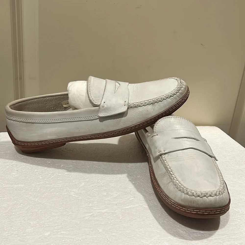 David Spencer men leather slip on loafers detail braided stitching size 9 white