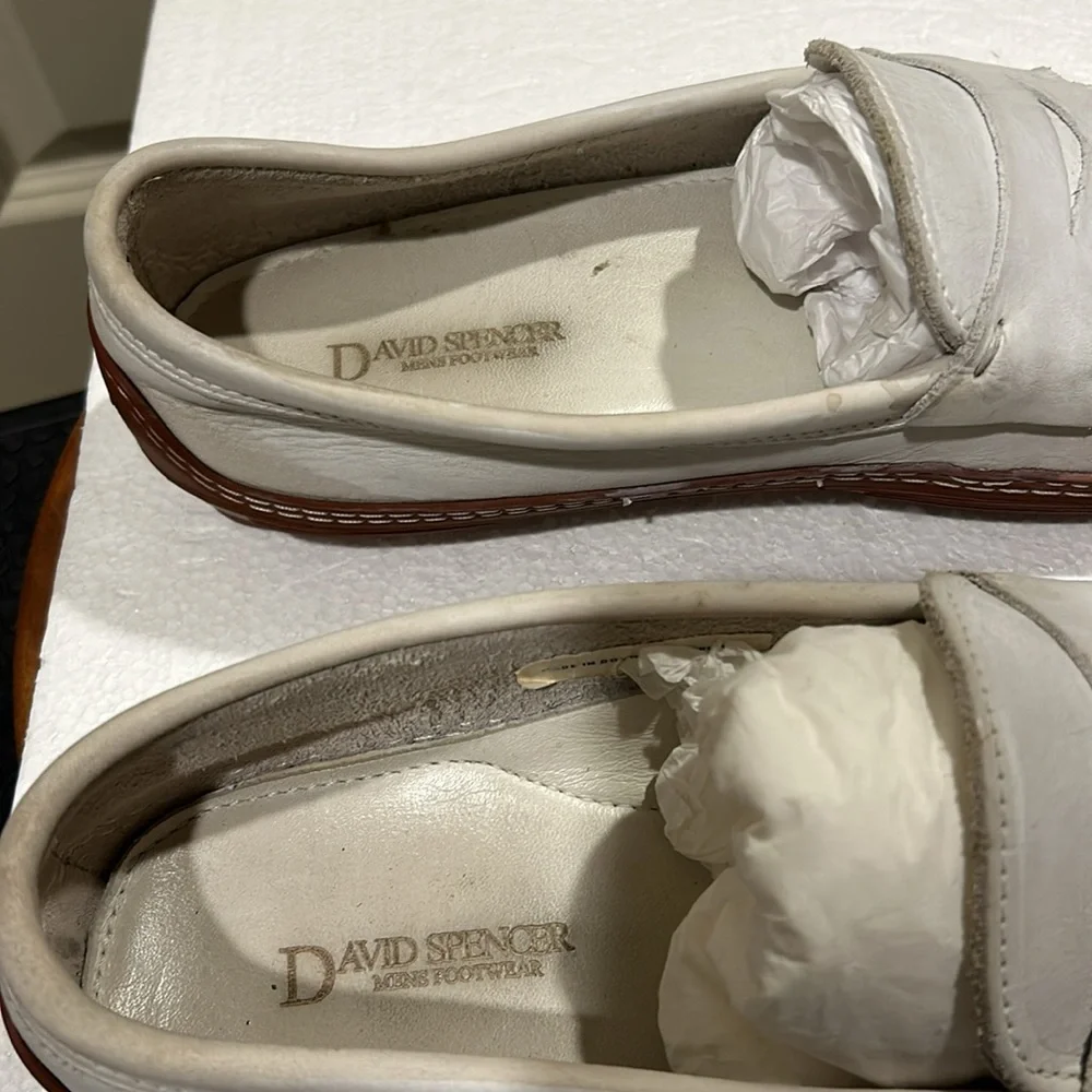 David Spencer men leather slip on loafers detail braided stitching size 9 white