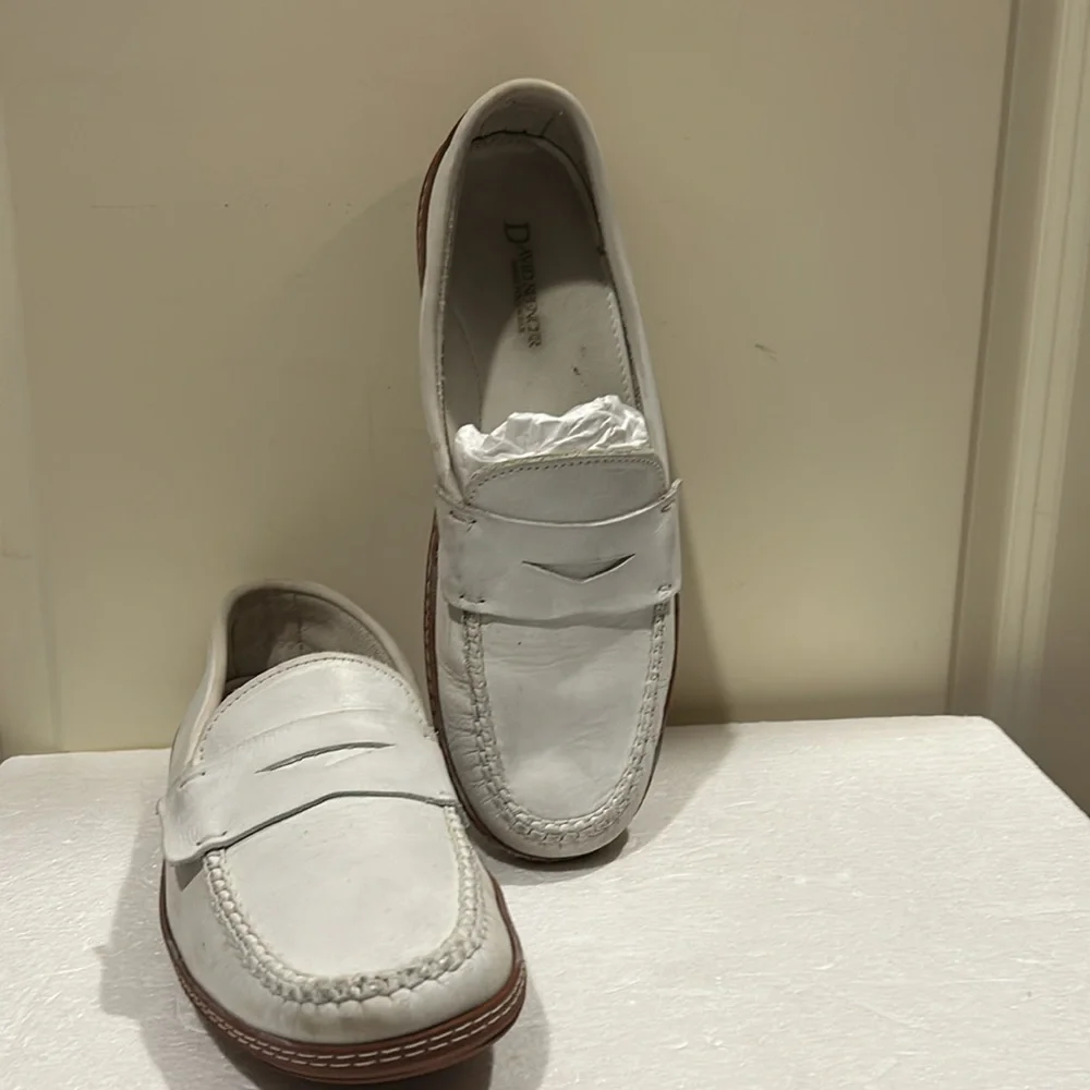David Spencer men leather slip on loafers detail braided stitching size 9 white