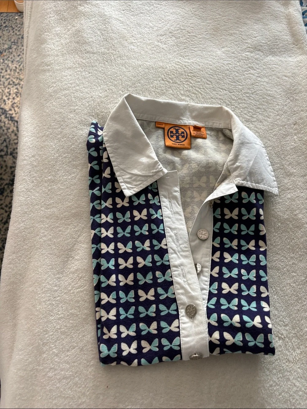 Tory Burch Navy Butterfly-Print Polo with White Collar