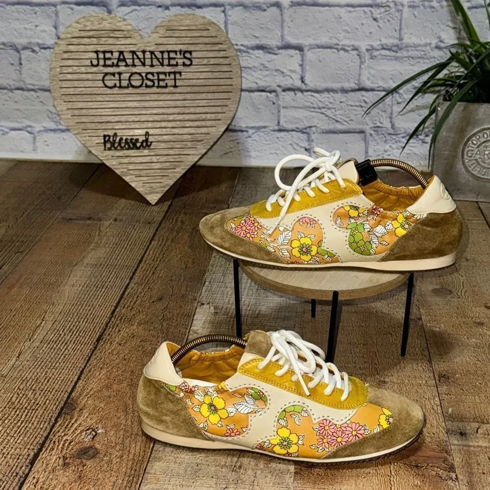 Tory Burch Serif Floral Leather Sneakers Yellow 8.5 rare