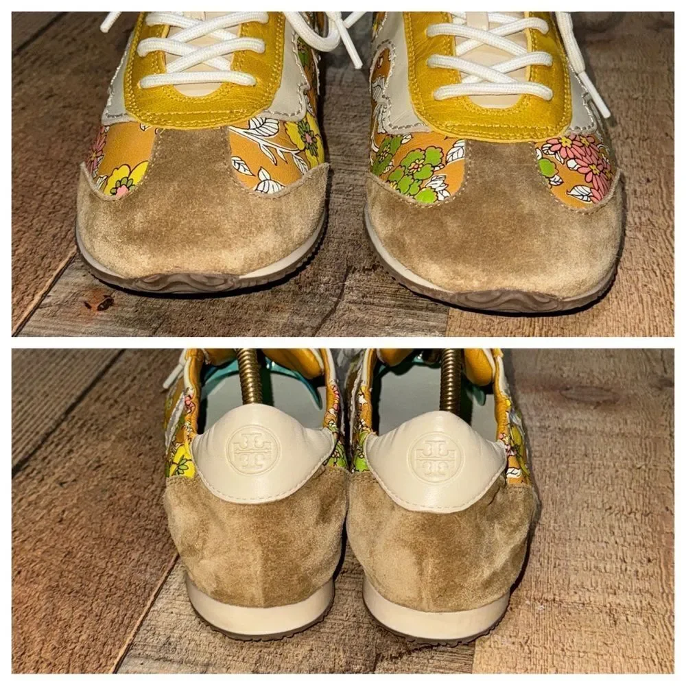 Tory Burch Serif Floral Leather Sneakers Yellow 8.5 rare
