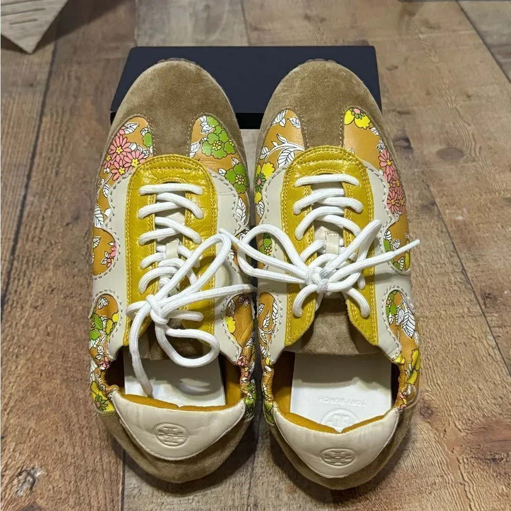 Tory Burch Serif Floral Leather Sneakers Yellow 8.5 rare
