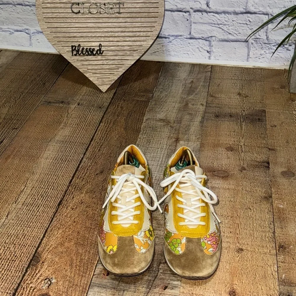 Tory Burch Serif Floral Leather Sneakers Yellow 8.5 rare
