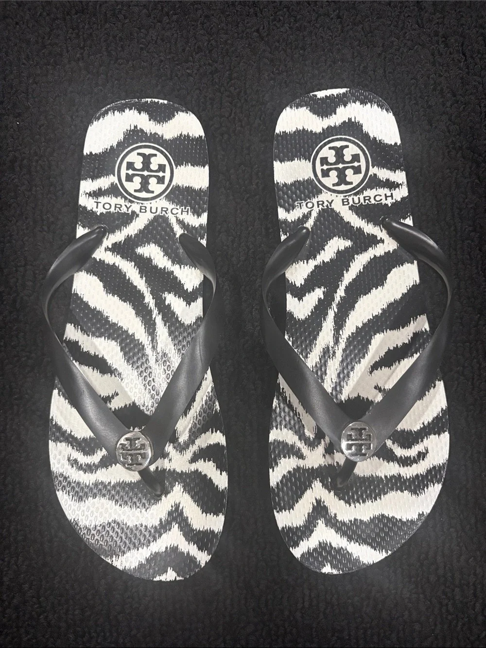 Tory Burch Black and White Zebra-Print Flip Flops
