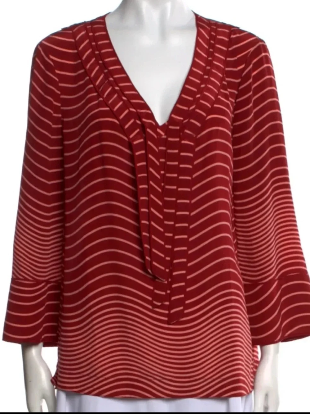 Tory Burch Red Striped Silk Tie Neck Blouse Sz 4 Luxury Workwear