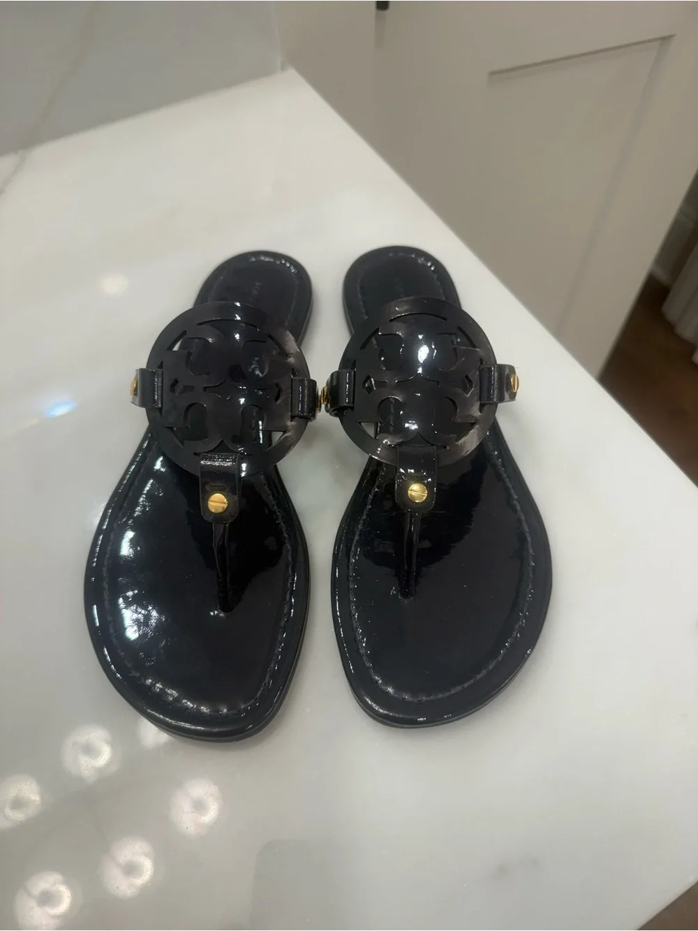 Tory Burch Navy Patent Logo Thong Sandals with Gold Studs