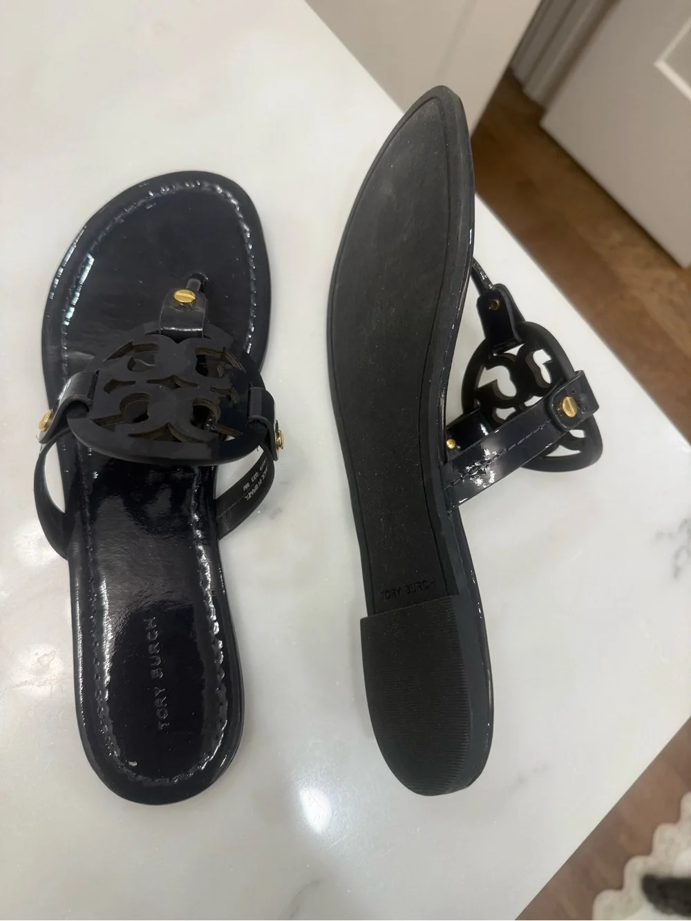 Tory Burch Navy Patent Logo Thong Sandals with Gold Studs