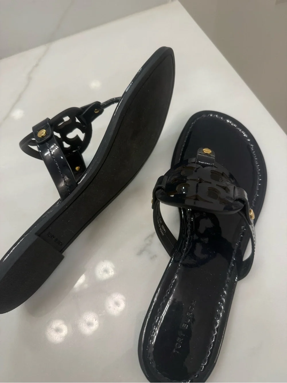 Tory Burch Navy Patent Logo Thong Sandals with Gold Studs