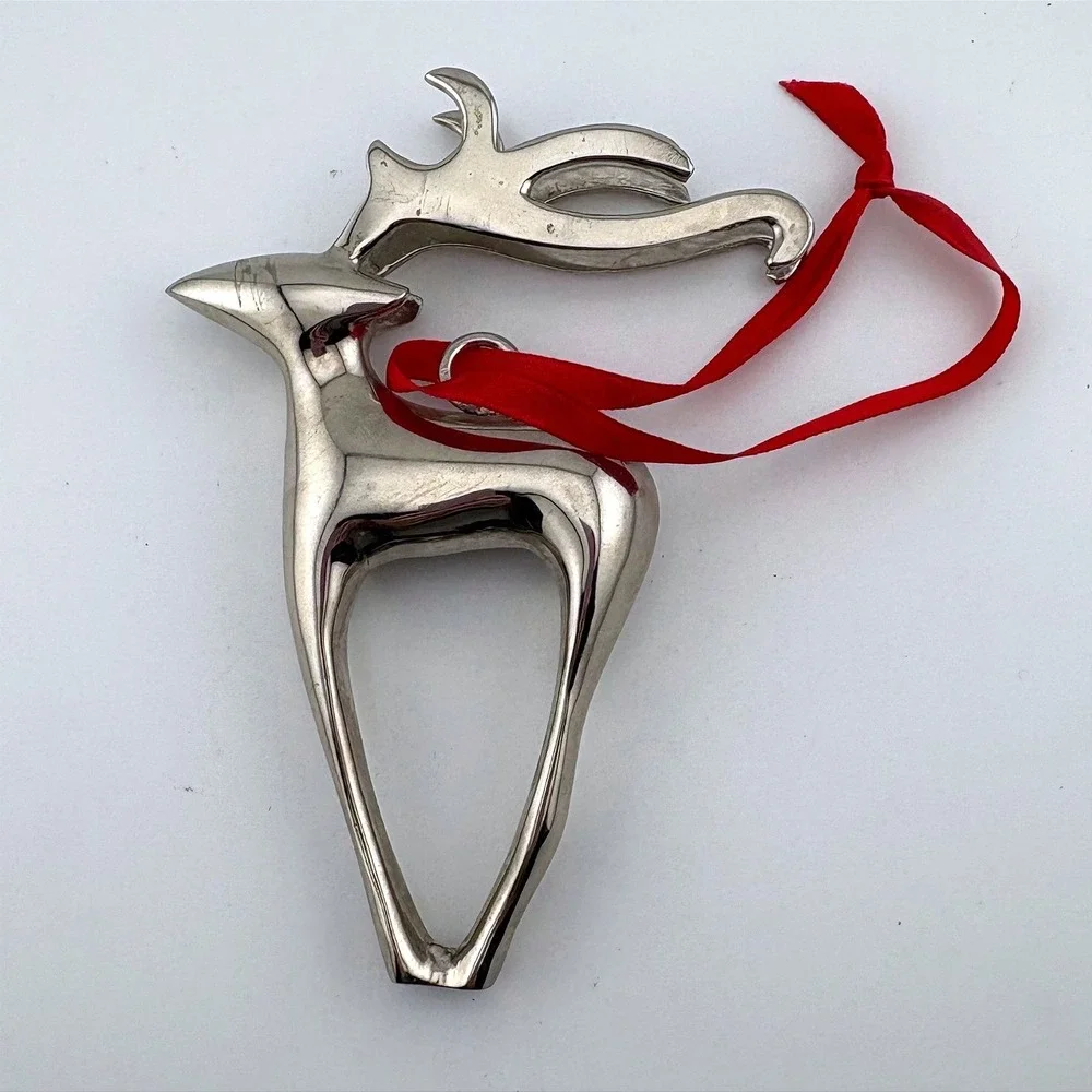 Silver Tone Metal Reindeer Christmas Ornament Modern Minimalist Stag Red Ribbon