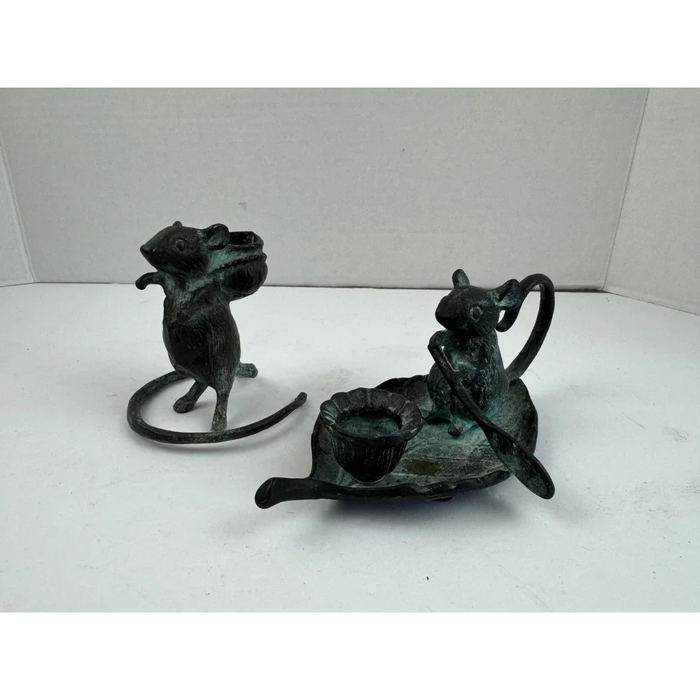 Vintage Verdigris Cast Metal Mouse Figurine Set Candle Holder Leaf Boat 2pc