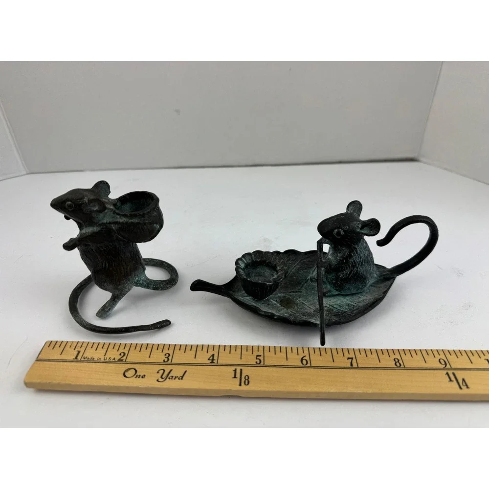 Vintage Verdigris Cast Metal Mouse Figurine Set Candle Holder Leaf Boat 2pc